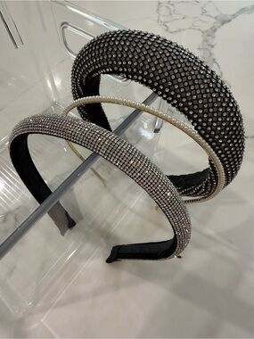 3 Embellished Headband - Black, Pearl Crystal Silver